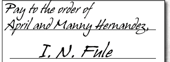 Check 12.1-2: Pay to the order of Manny and/or April Hernandez