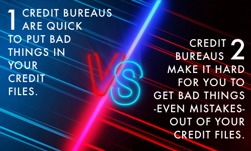 Credit bureaus are quick to put bad things in your credit files. Credit Bureaus make it hard for you to get bad things-even mistakes- out of your files. 