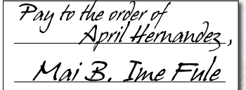 Check 10-2: Pay to the order of April Hernandez, Mai B. Ime Fule